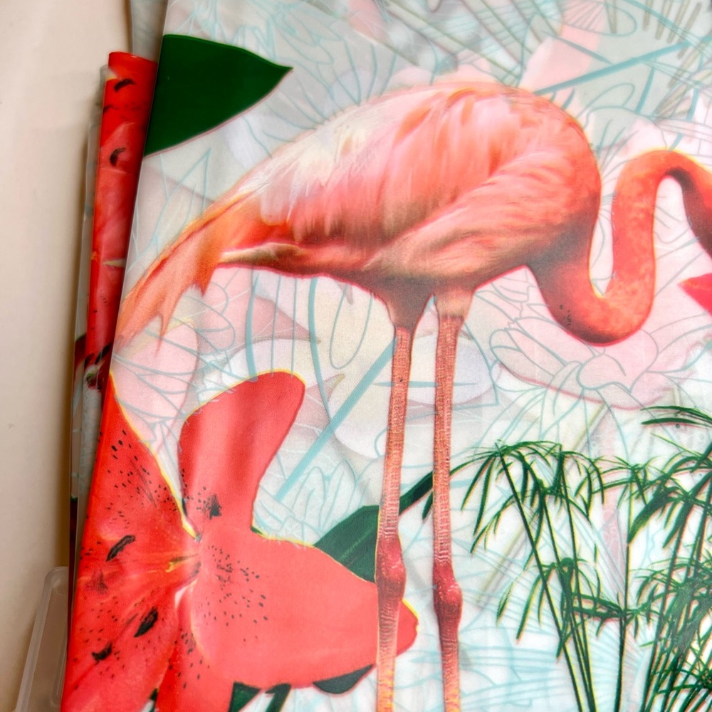 Flamingos & Tropical Flowers Peva Shower Curtain Hibiscus Orchids Bright Red - Picture 8 of 14